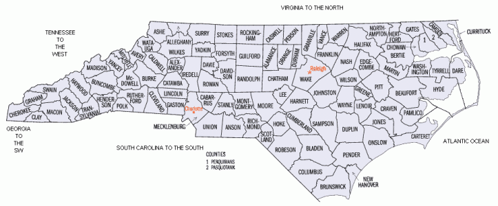 NC Map of All 100 Counties in State of North Carolina